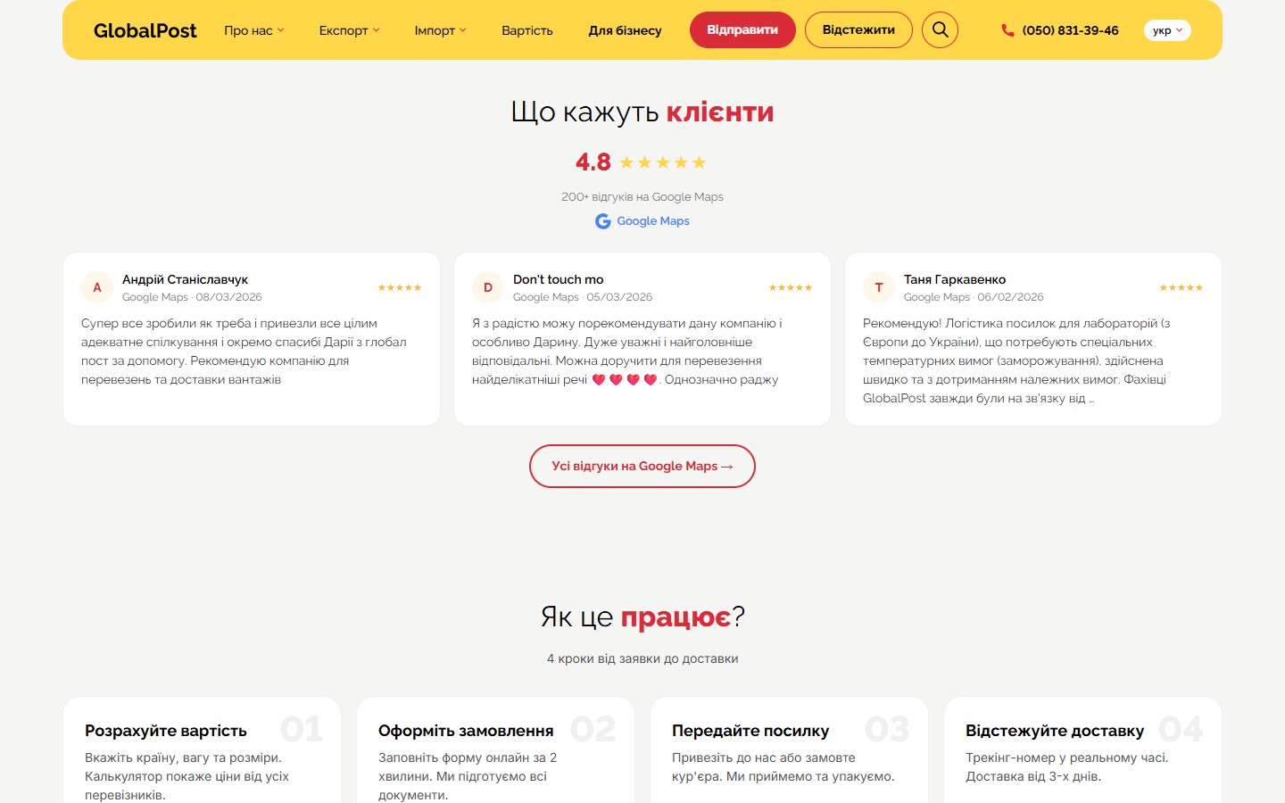 Відгуки клієнтів GlobalPost з Google Maps і 4 кроки замовлення