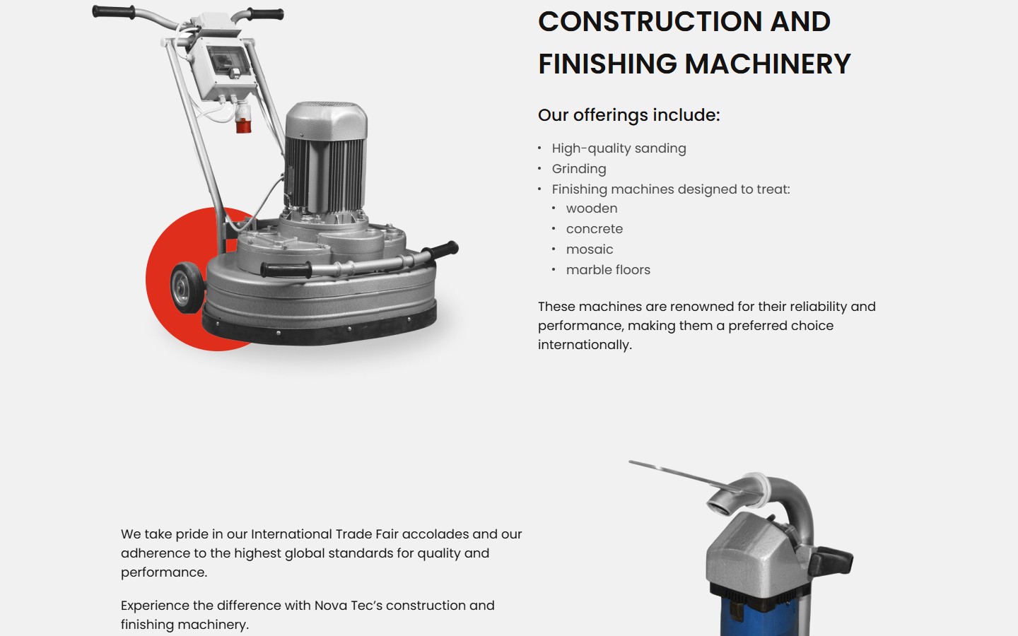 Construction and finishing machinery — список offerings Nova Tec для дерев'яних, бетонних, мозаїчних і мармурових підлог