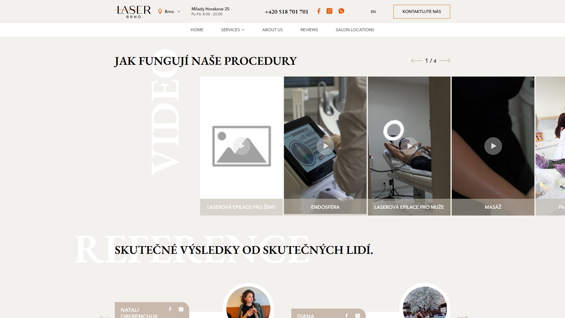 Карусель «Jak fungují naše procedury» — 7 квадратних відео-тайлів з play-button, вертикальний watermark «VIDEO»