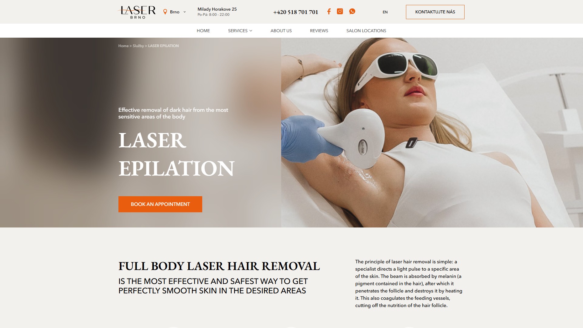 Hero service-detail сторінки /service/laser-epilation/ — breadcrumb, тег, H1 «LASER EPILATION», оранжева кнопка «Book an appointment»