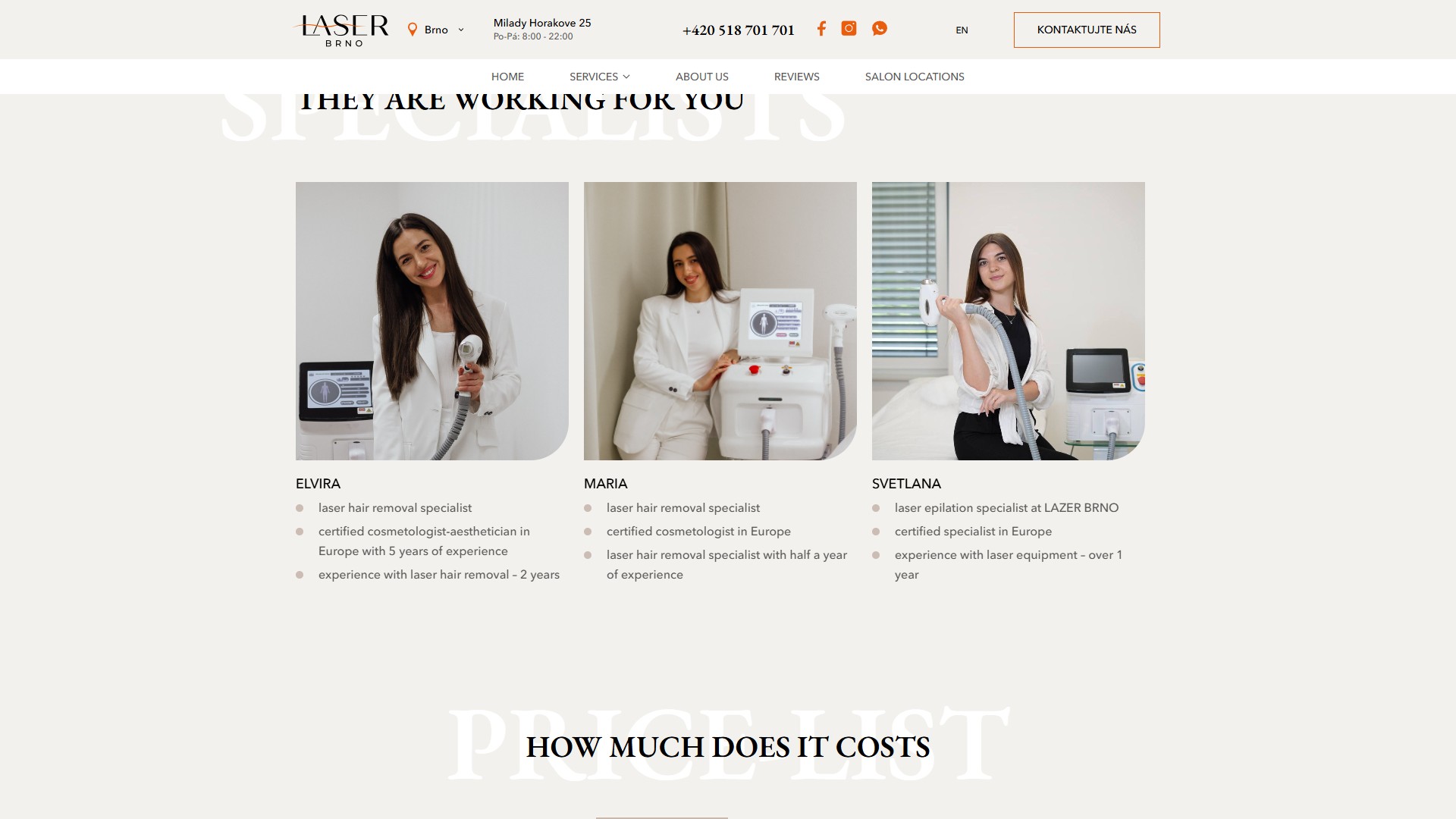 Блок «They are working for you» — 3 портретні картки спеціалісток (Elvira, Maria, Svetlana) з кваліфікаційним bullet-списком