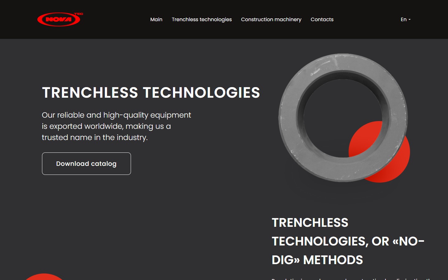 Trenchless Technologies hero — концентричне бетонне кільце на темному фоні з червоним диском