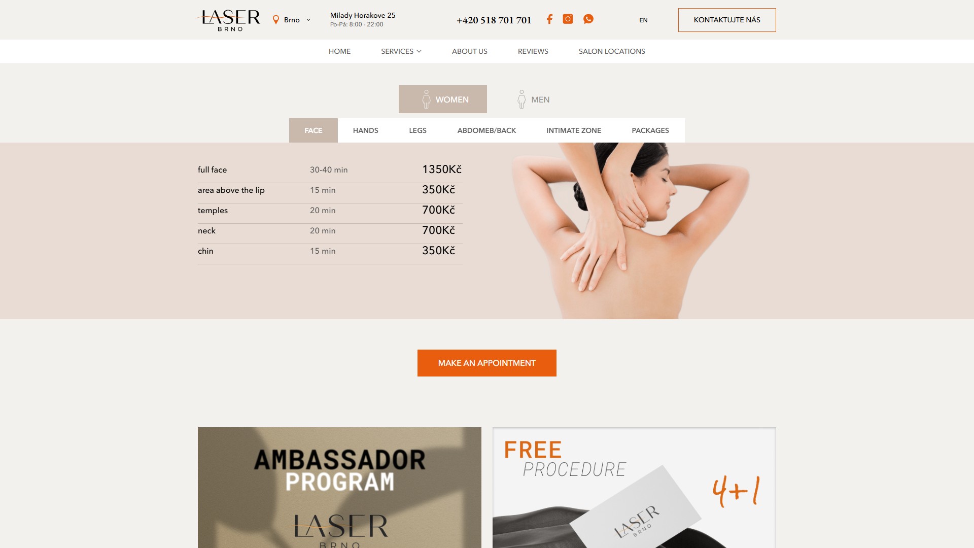 Прайс-лист — WOMEN/MEN таби, нижні таби FACE/HANDS/LEGS/.../PACKAGES, рядки з назвою/тривалістю/ціною у Kč