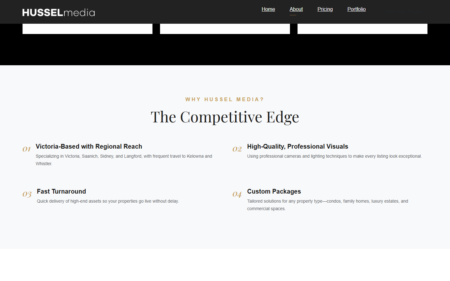 Секція The Competitive Edge — 2×2 grid з 4 differentiator-точок: 01 Victoria-Based with Regional Reach, 02 High-Quality Professional Visuals, 03 Fast Turnaround, 04 Custom Packages. Чисто типографічна сітка з номерами курсивом і короткими заголовками