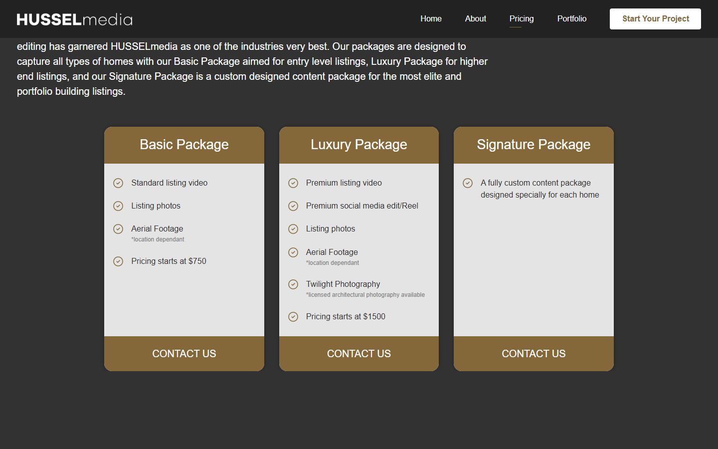 Сторінка Pricing — 3 картки-пакети у лінію: Basic Package ($750+), Luxury Package ($1500+), Signature Package (custom). Золоті header/footer, світло-сірий body, зелені галочки-маркери, кнопка CONTACT US у footer кожного пакета