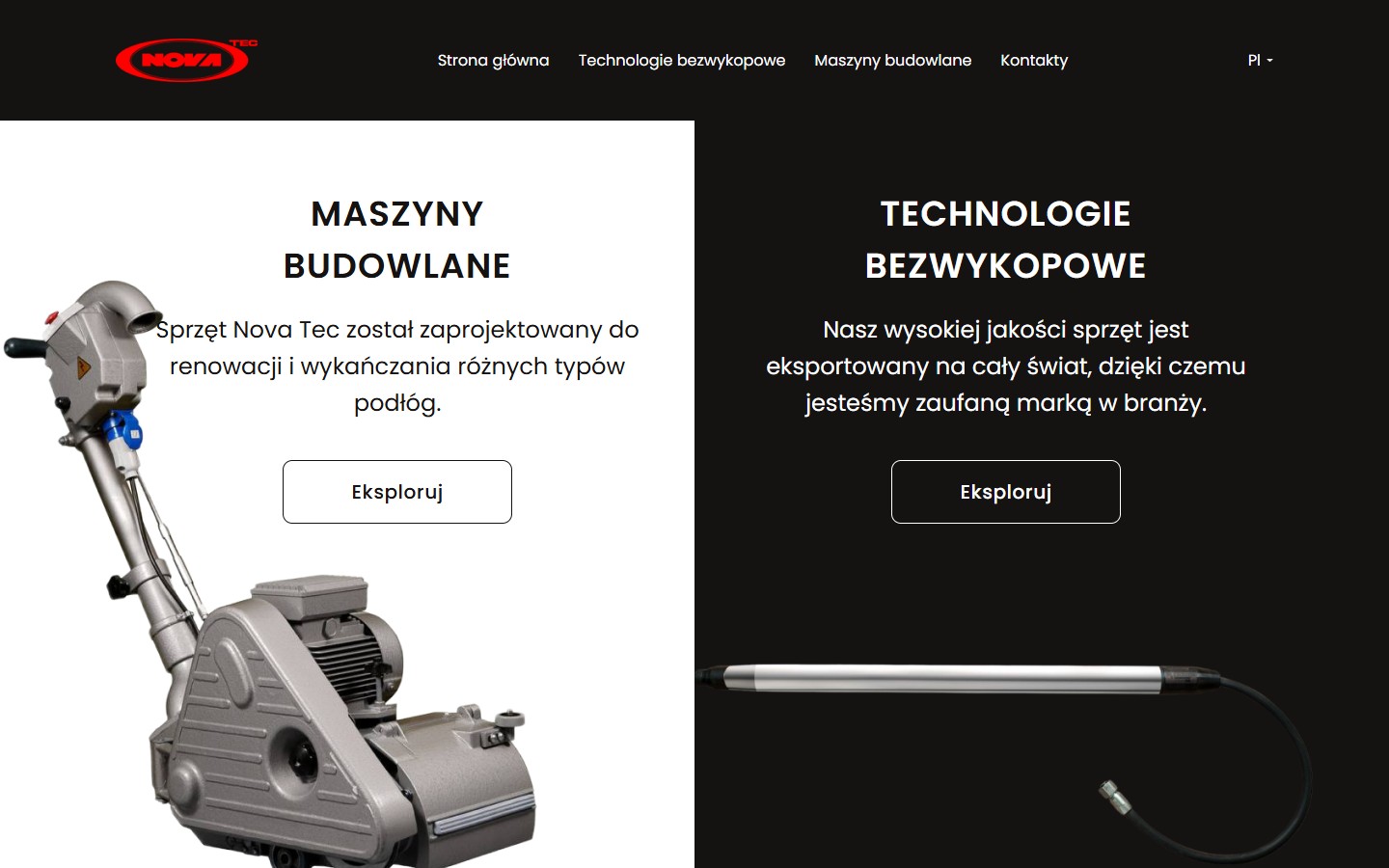 Польська локаль novatec-machinery.com/pl/ з перекладеним меню Strona główna / Technologie bezwykopowe / Maszyny budowlane / Kontakty
