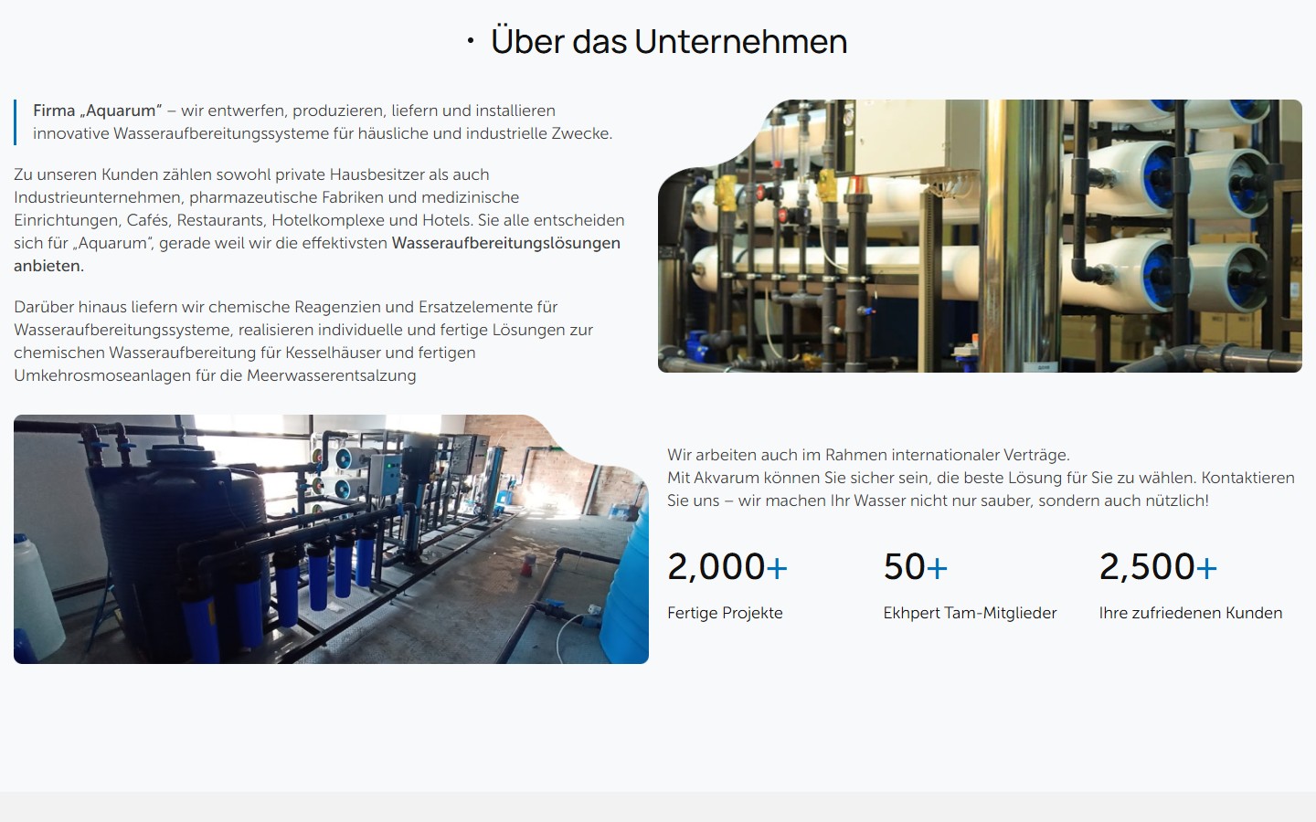 Секція «Über das Unternehmen» — фото мембранного RO-стенду зверху, фото power-станції з насосною групою знизу, плюс три статичні лічильники 2000+/50+/2500+