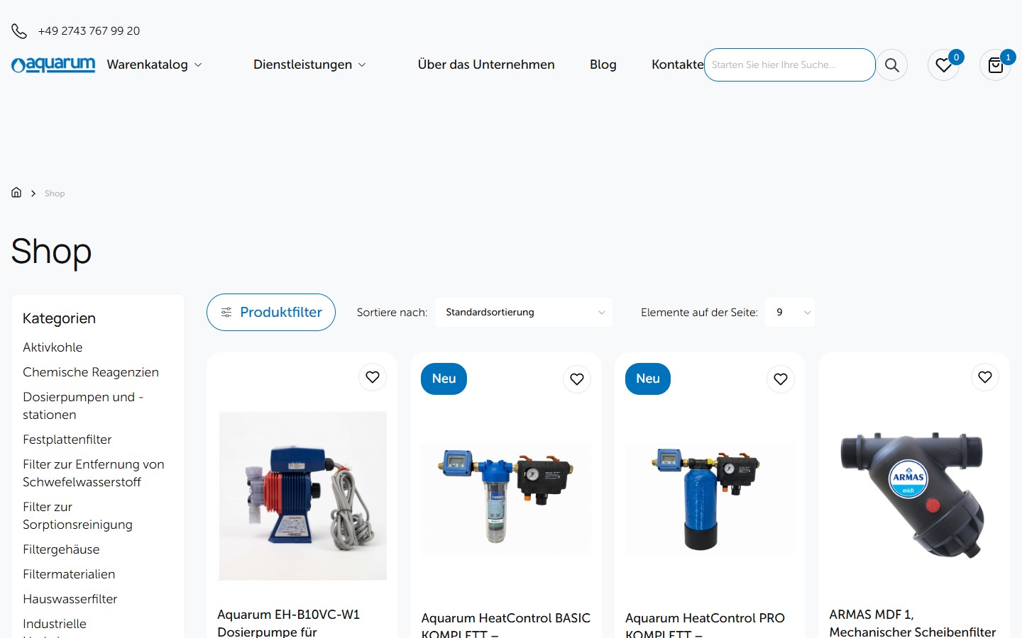 Shop archive — лівий сайдбар з 28 категоріями, верхня панель з кнопкою «Produktfilter», sortering і кількість на сторінку, grid з 4 продуктовими картками з бейджами «Neu» і wishlist-іконкою