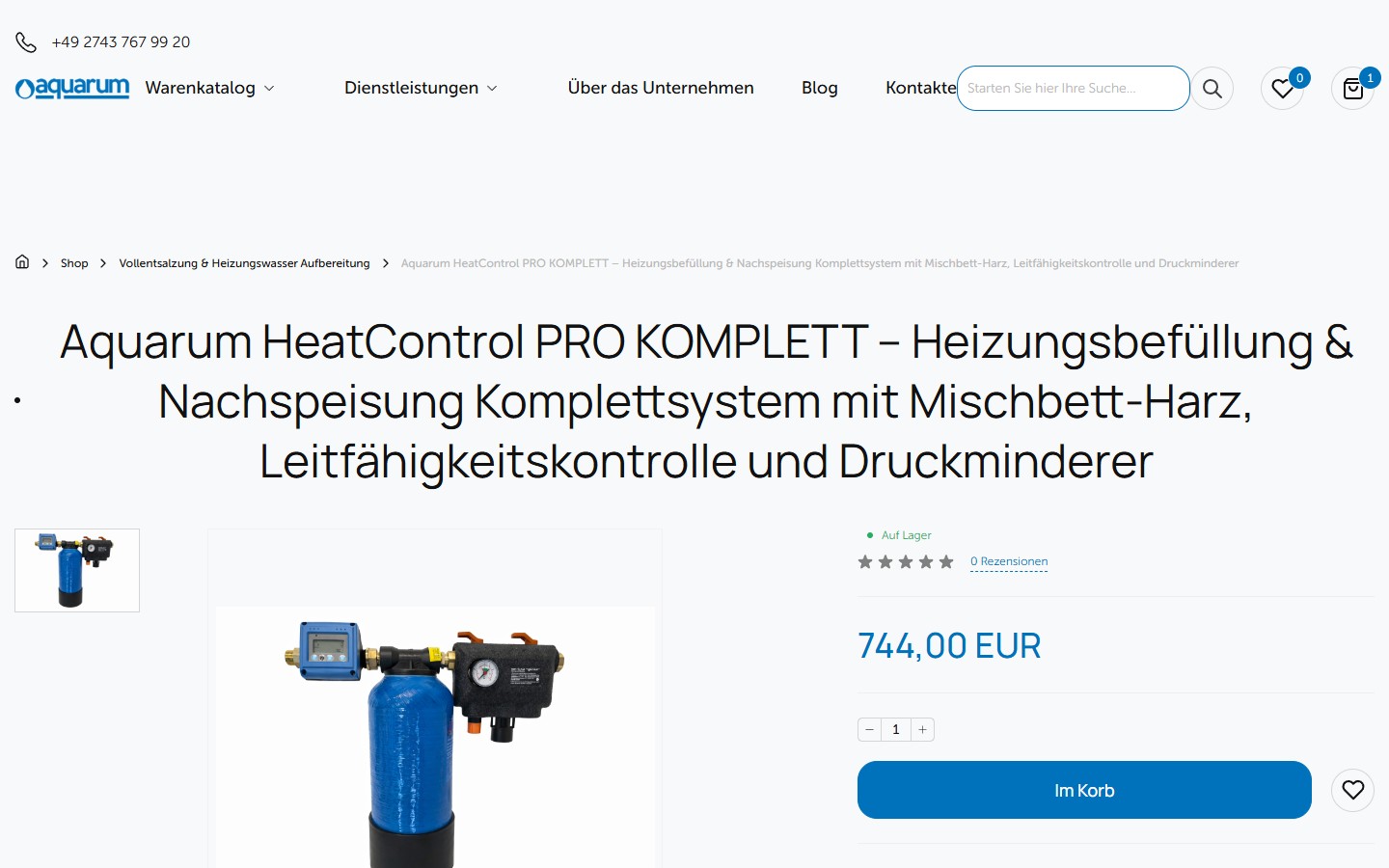 Product single hero: ліворуч gallery з product-рендером, праворуч H1, ціна 744,00 EUR, qty-stepper, синій CTA «Im Korb», блок з 3 trust-сигналами доставки