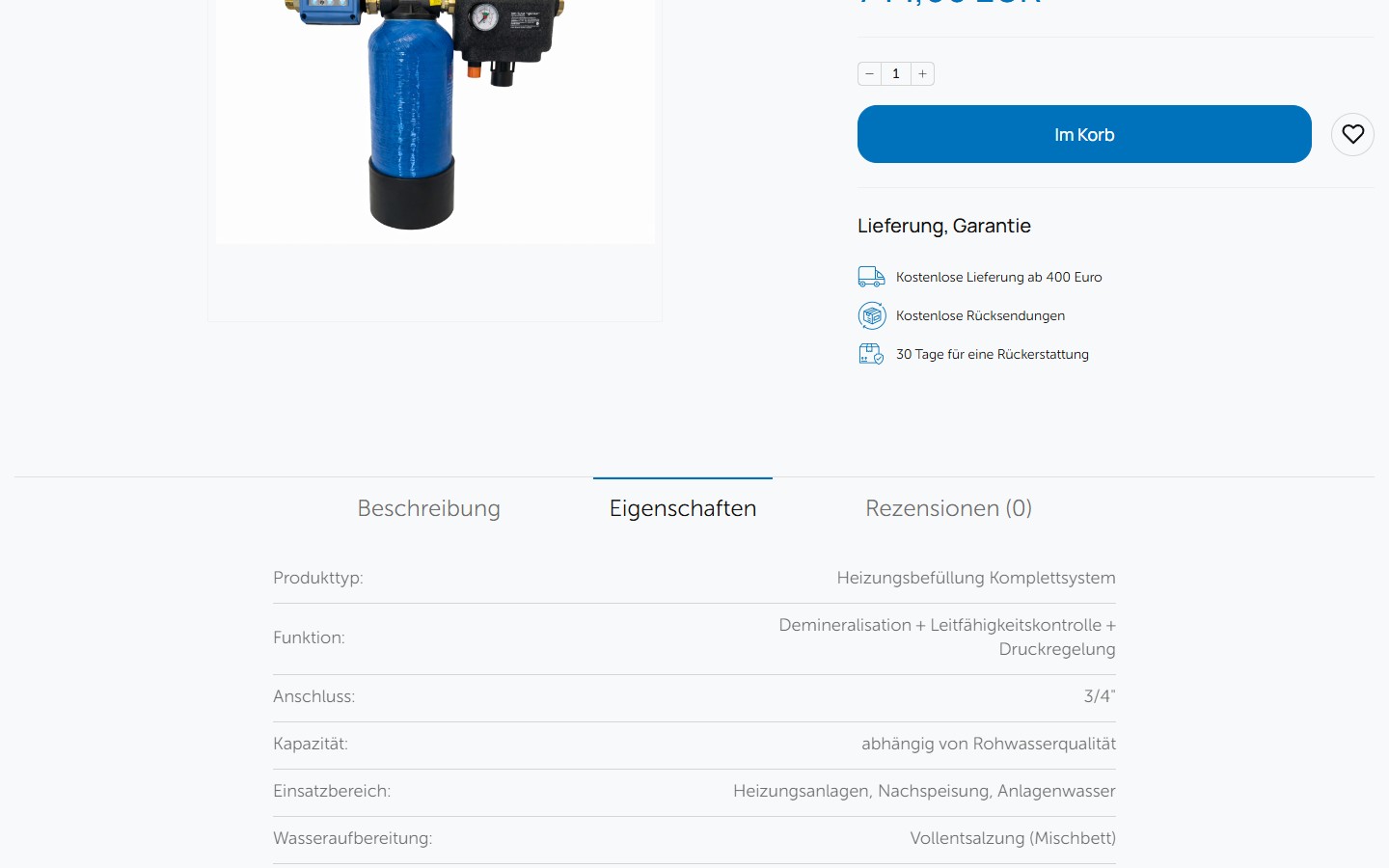 Tab «Eigenschaften» — 15-полева spec-таблиця з divider-лініями: Anschluss 3/4″, Kapazität abhängig von Rohwasserqualität, Wasseraufbereitung Vollentsalzung (Mischbett), Überwachung Inline Leitfähigkeitsmessung, ..., Herkunft Made in Taiwan (Elektronik) / Systemmontage EU