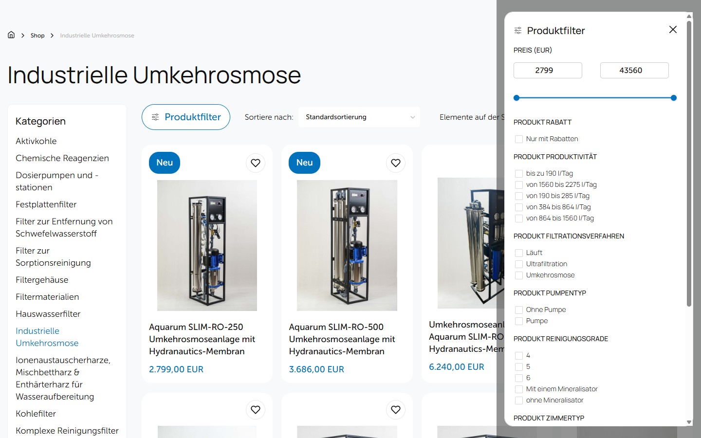 Фасетний фільтр Industrielle Umkehrosmose: slide-out overlay з 6 секціями — Preis range, Rabatten checkbox, Produktivität l/Tag, Filtrationsverfahren, Pumpentyp, Reinigungsgrade