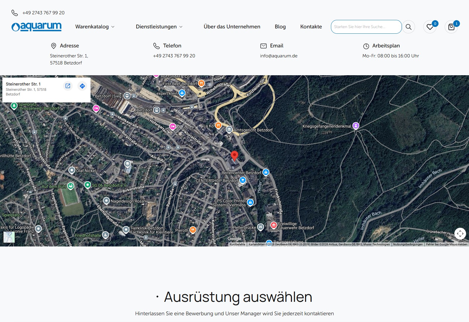 Aquarum /kontakte/: 4-карткова смуга з адресою Steinerother Str. 1, 57518 Betzdorf, телефоном, email info@aquarum.de і робочим графіком Mo-Fr 08-16, Google-Map iframe внизу і повторний lead-form Ausrüstung auswählen