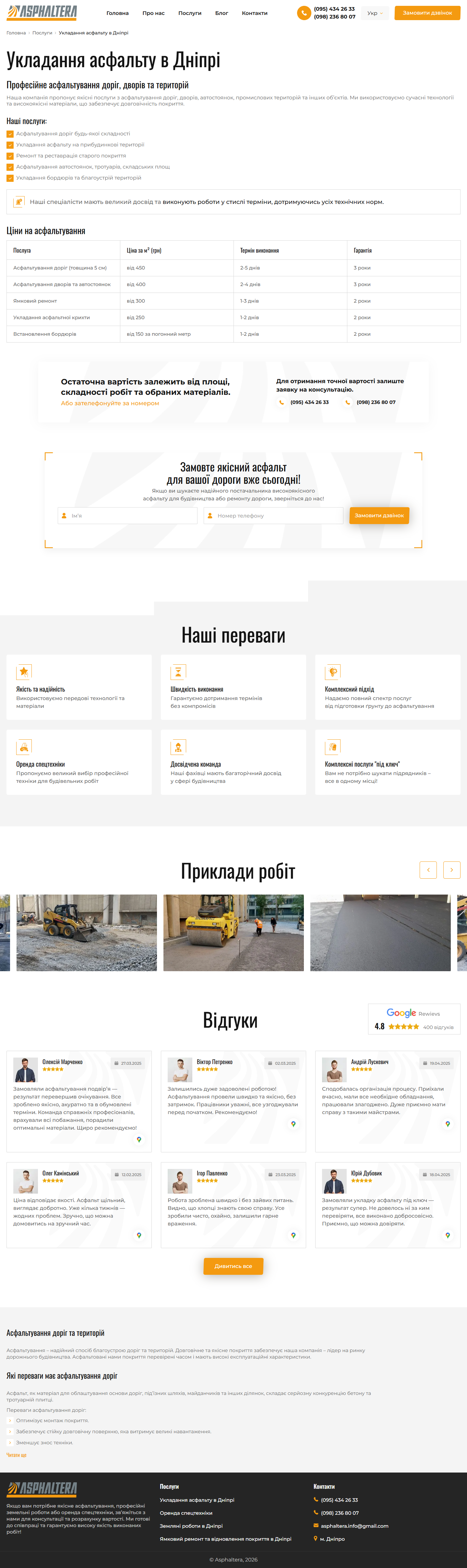 Asphaltera service-landing /services/asfaltuvannya-dorig-ta-terytorij/: H1 'Укладання асфальту в Дніпрі', список 5 послуг, прайс-таблиця 5 рядків з колонками Послуга/Ціна за м²/Термін/Гарантія, дві телефонні CTA (095) і (098), lead-форма Ім'я + Номер телефону + Замовити дзвінок, 6 переваг сіткою, галерея робіт, Google-відгуки 4.8/400, нижче ~700-слівний SEO-блок з H2 'Які переваги має асфальтування' / 'Які етапи включає' / 'В чому наші переваги'