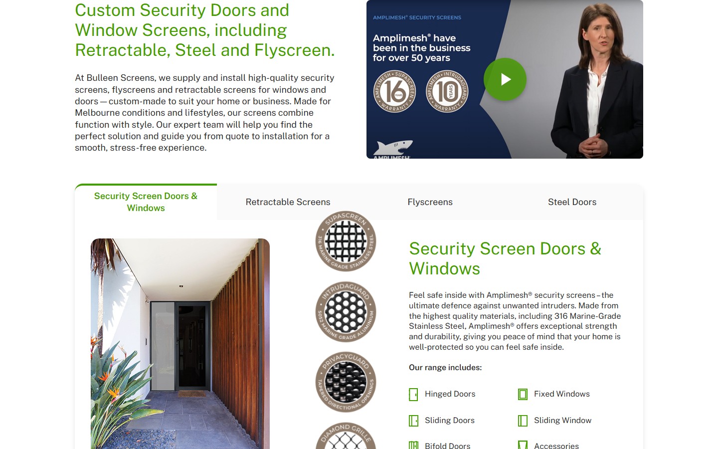 Табовий блок продуктів на головній: Security Screen Doors, Retractable, Flyscreens, Steel Doors