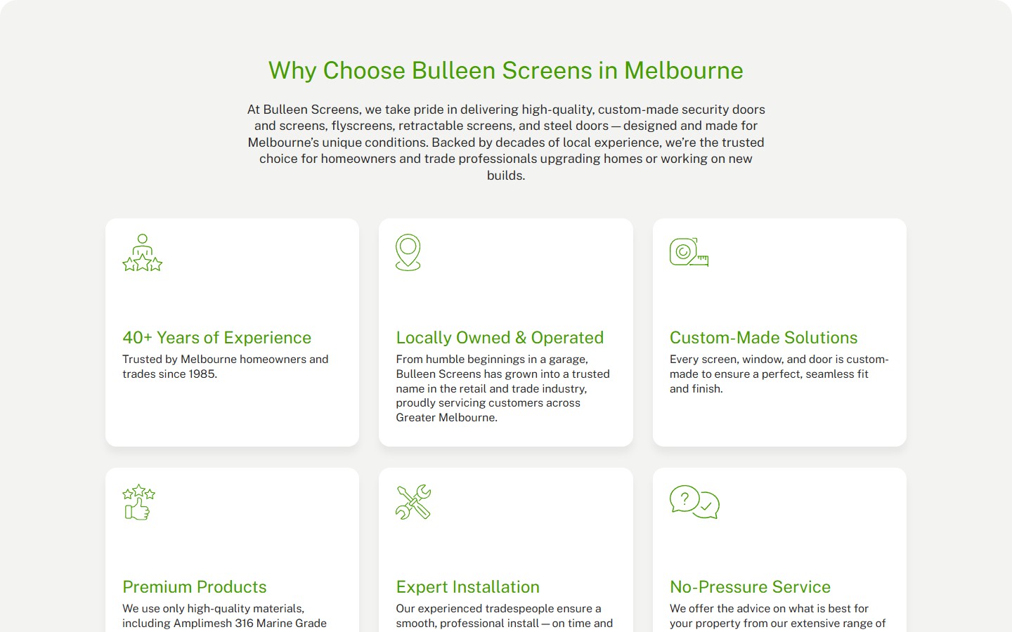 Why Choose Bulleen Screens: 6 карток із зеленими іконками — 40+ Years of Experience, Locally Owned, Custom-Made тощо