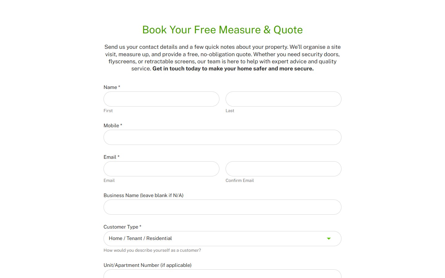Форма Free Measure & Quote: поля Name, Mobile, Email, Confirm Email, Business Name, Customer Type