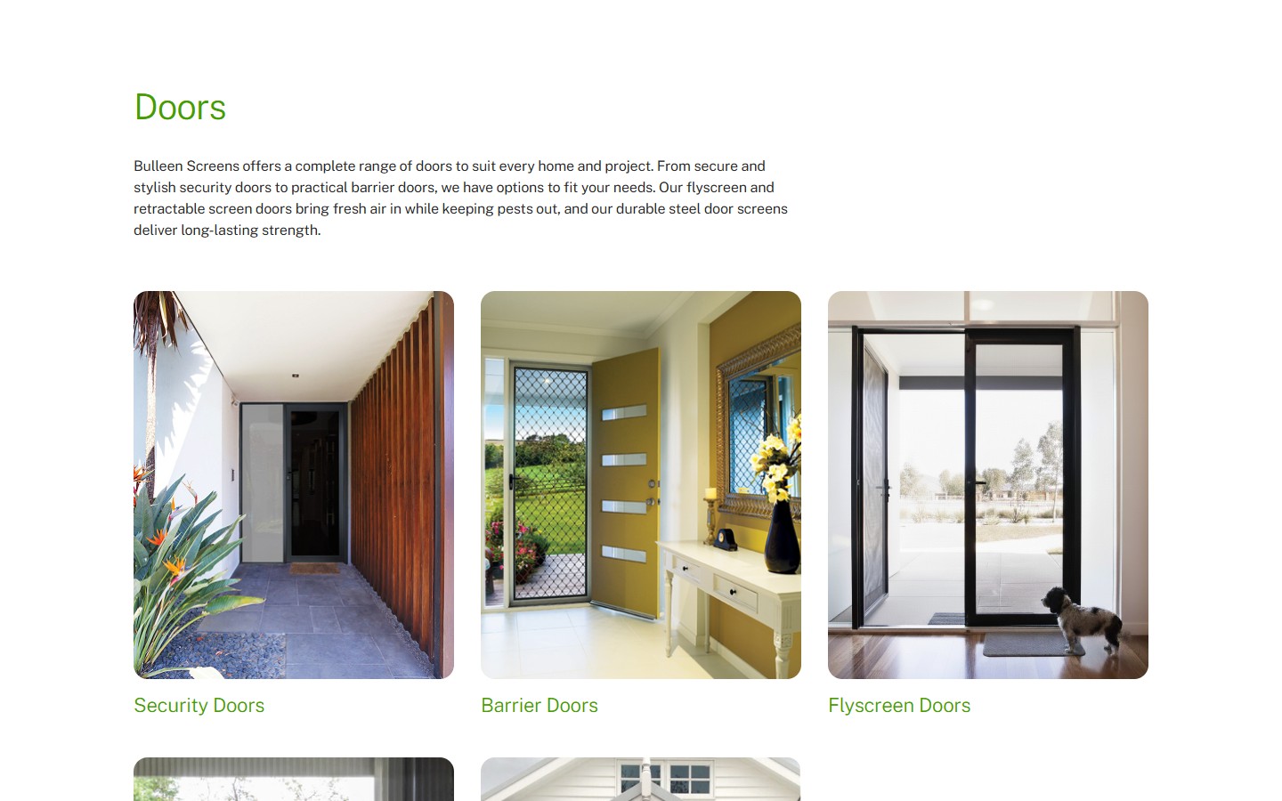 Сторінка Our Products: блок «Doors» з трьома картками — Security Doors, Barrier Doors, Flyscreen Doors