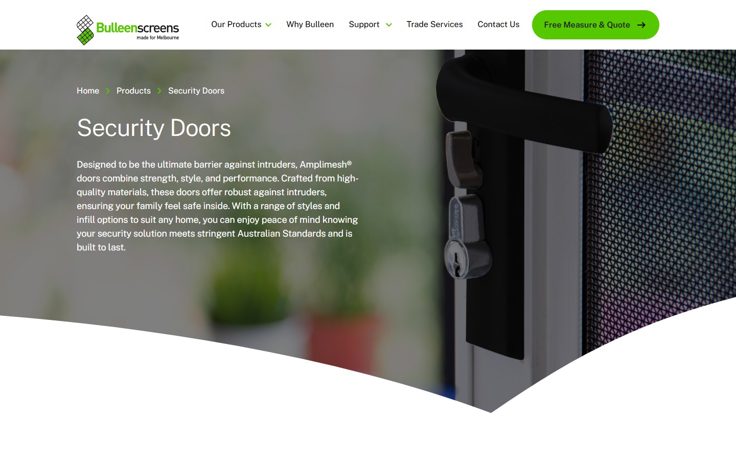 Сторінка Security Doors: hero з фото вузла замка Amplimesh з близького плану