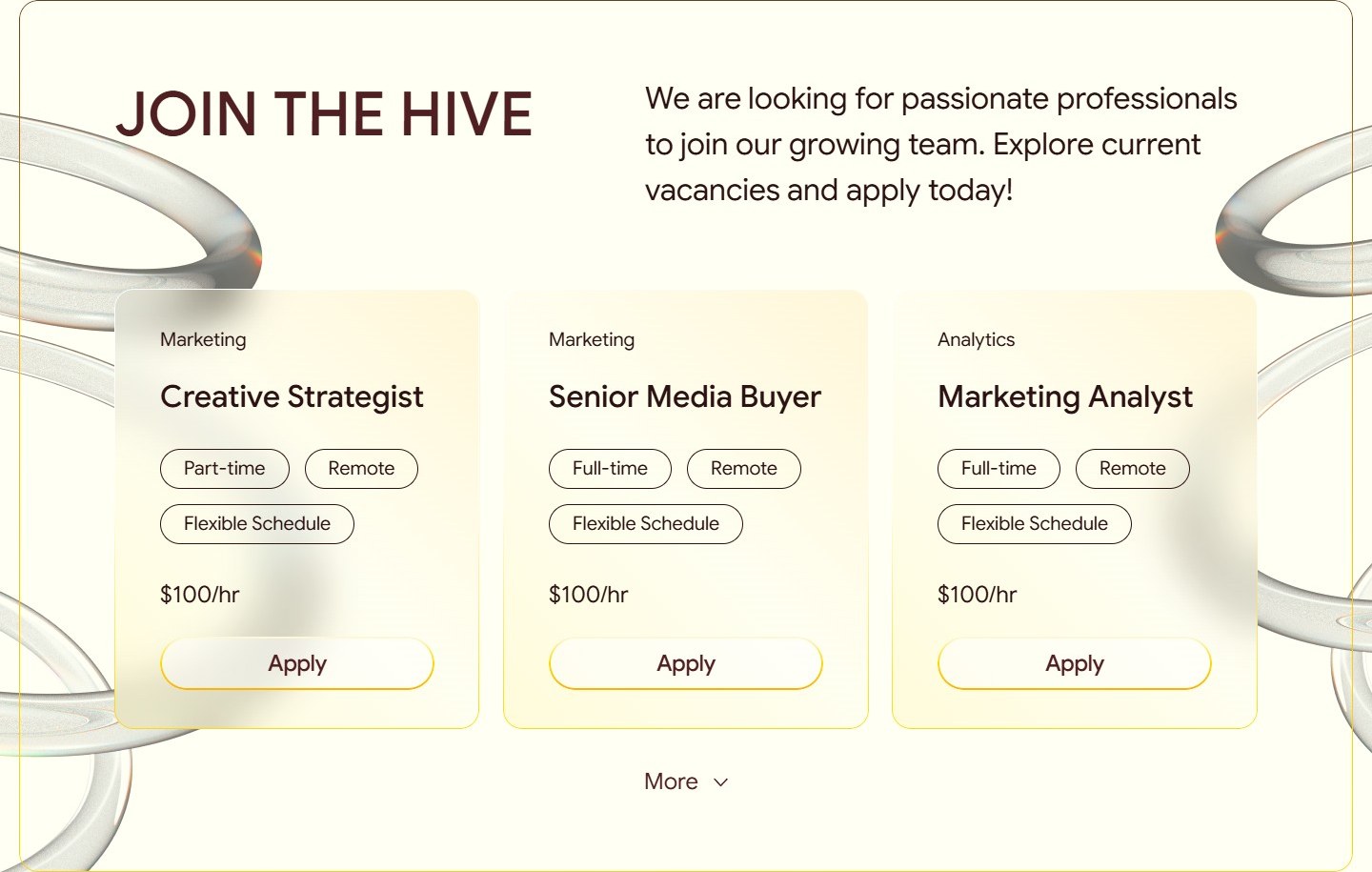 Join the Hive — 3 job-картки з ставкою $100/hr і Apply