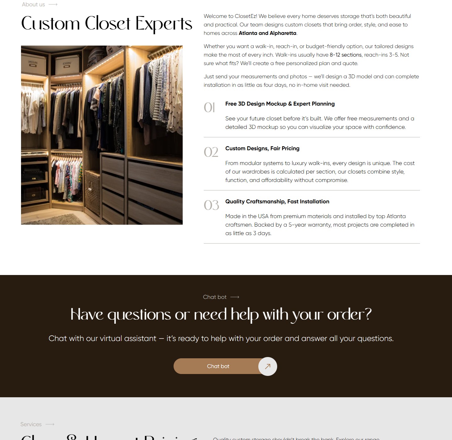 Custom Closet Experts section з 3 пронумерованими блоками