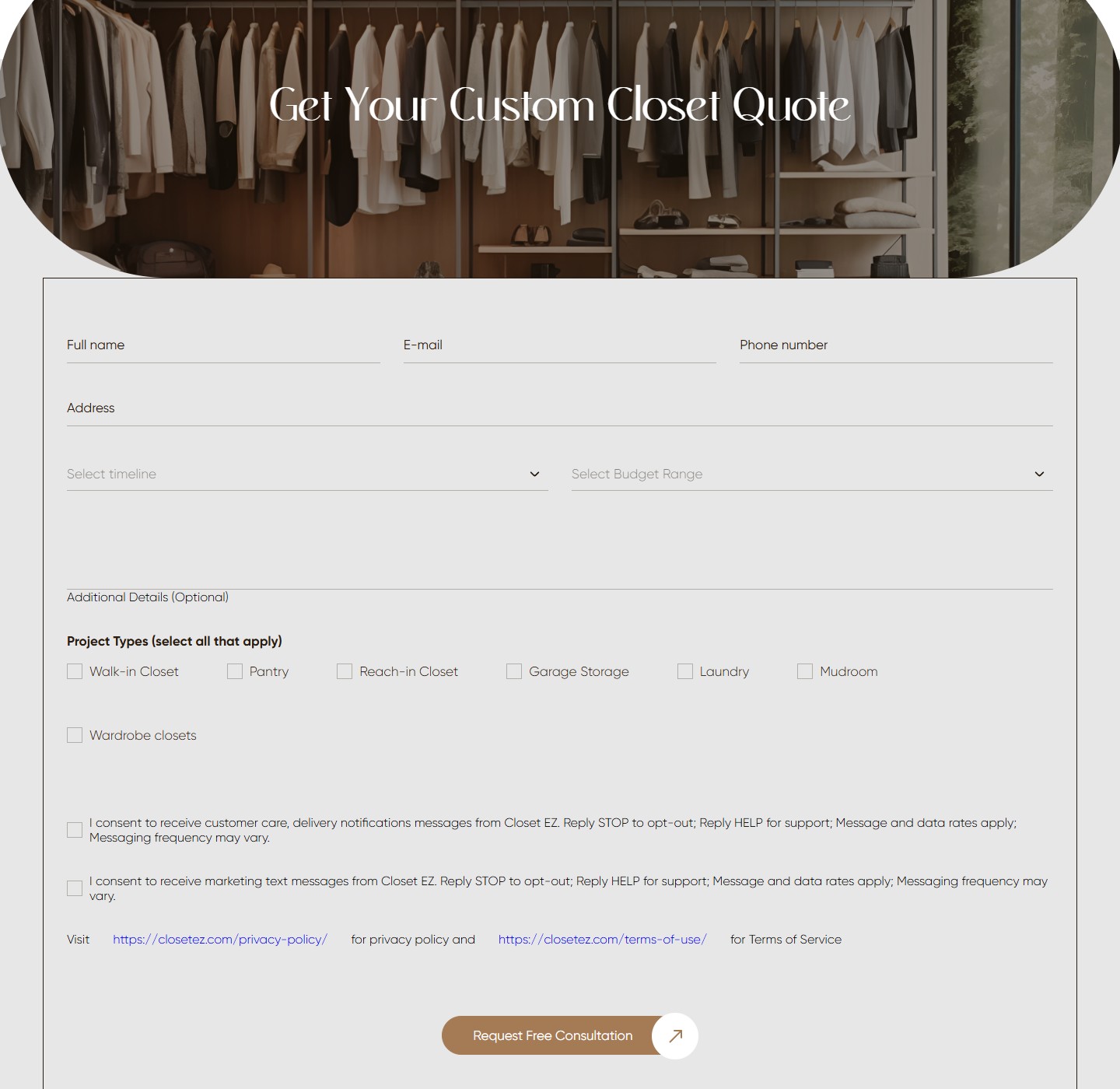 Get Your Custom Closet Quote — рознесена форма з timeline, budget, project-type