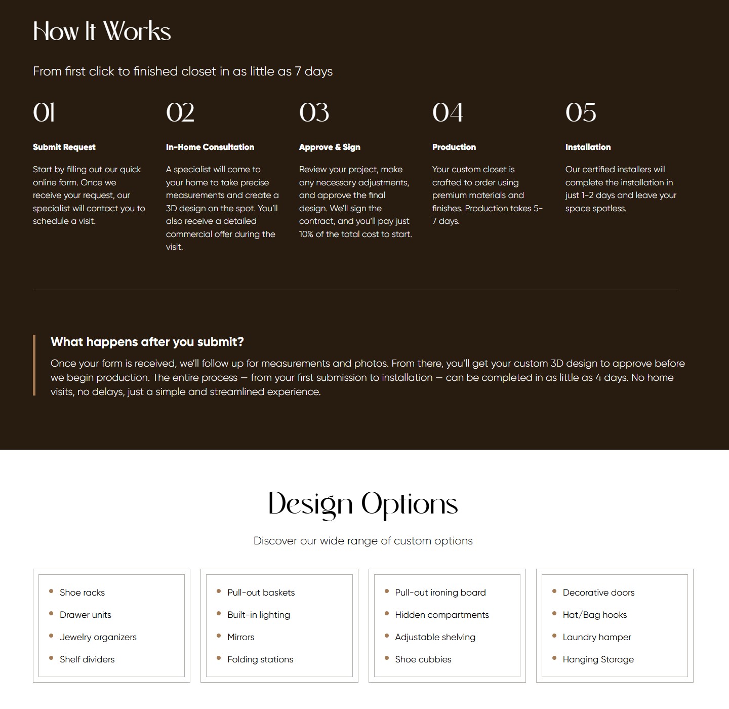 How It Works — 5-step process + Design Options