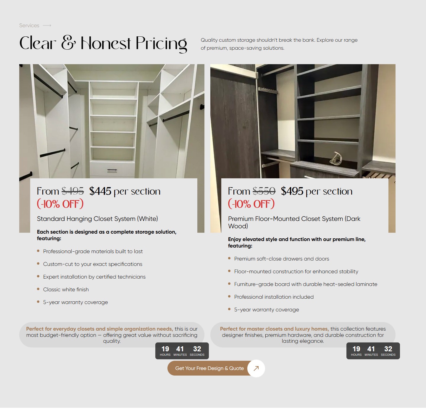 Clear & Honest Pricing — Standard White $445 та Premium Dark Wood $495