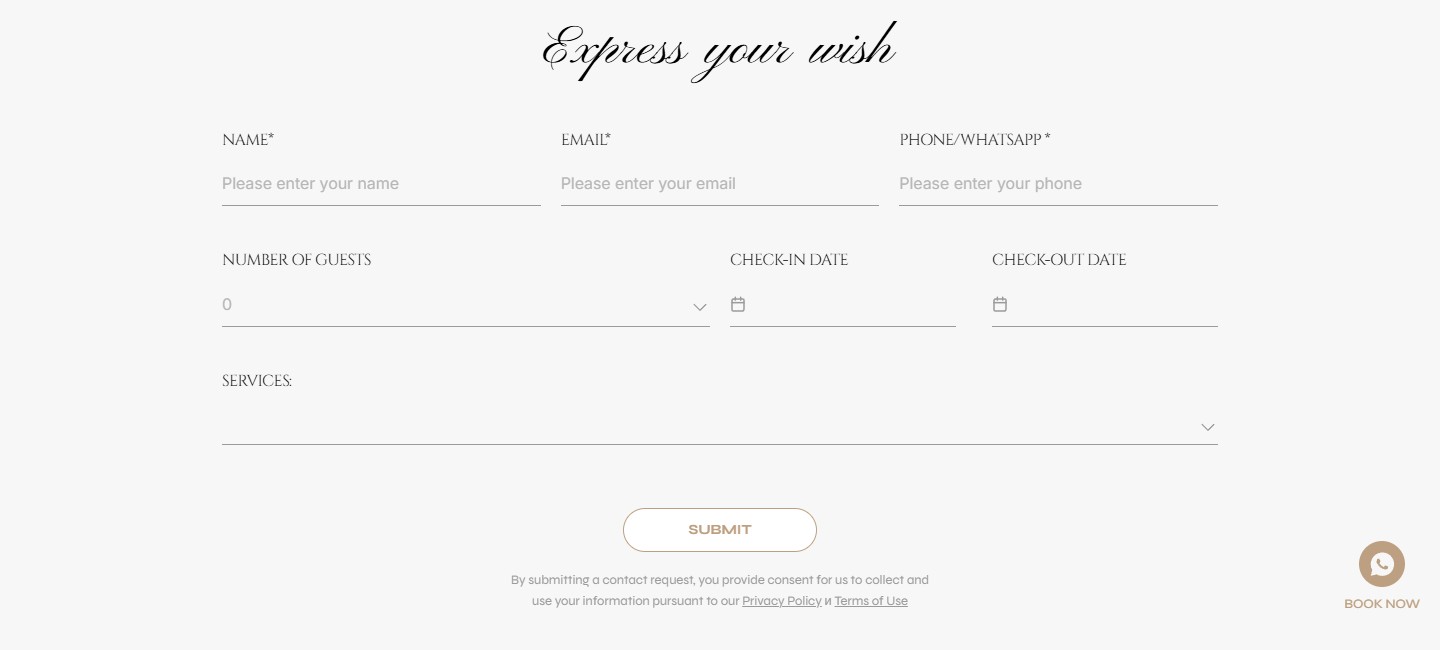 Форма Express your wish — поля Name/Email/Phone, Number of guests, Check-in/out dates, мульти-селект Services, кнопка SUBMIT