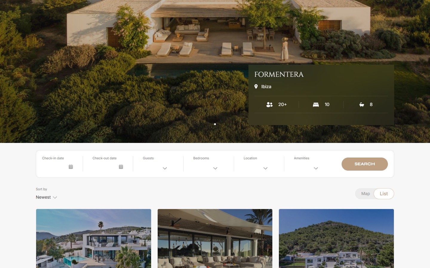 Каталог вілл — hero з регіональним перемикачем Formentera/Ibiza і лічильниками гостей/спалень/ванних, нижче — 6-польний фільтр і початок сітки