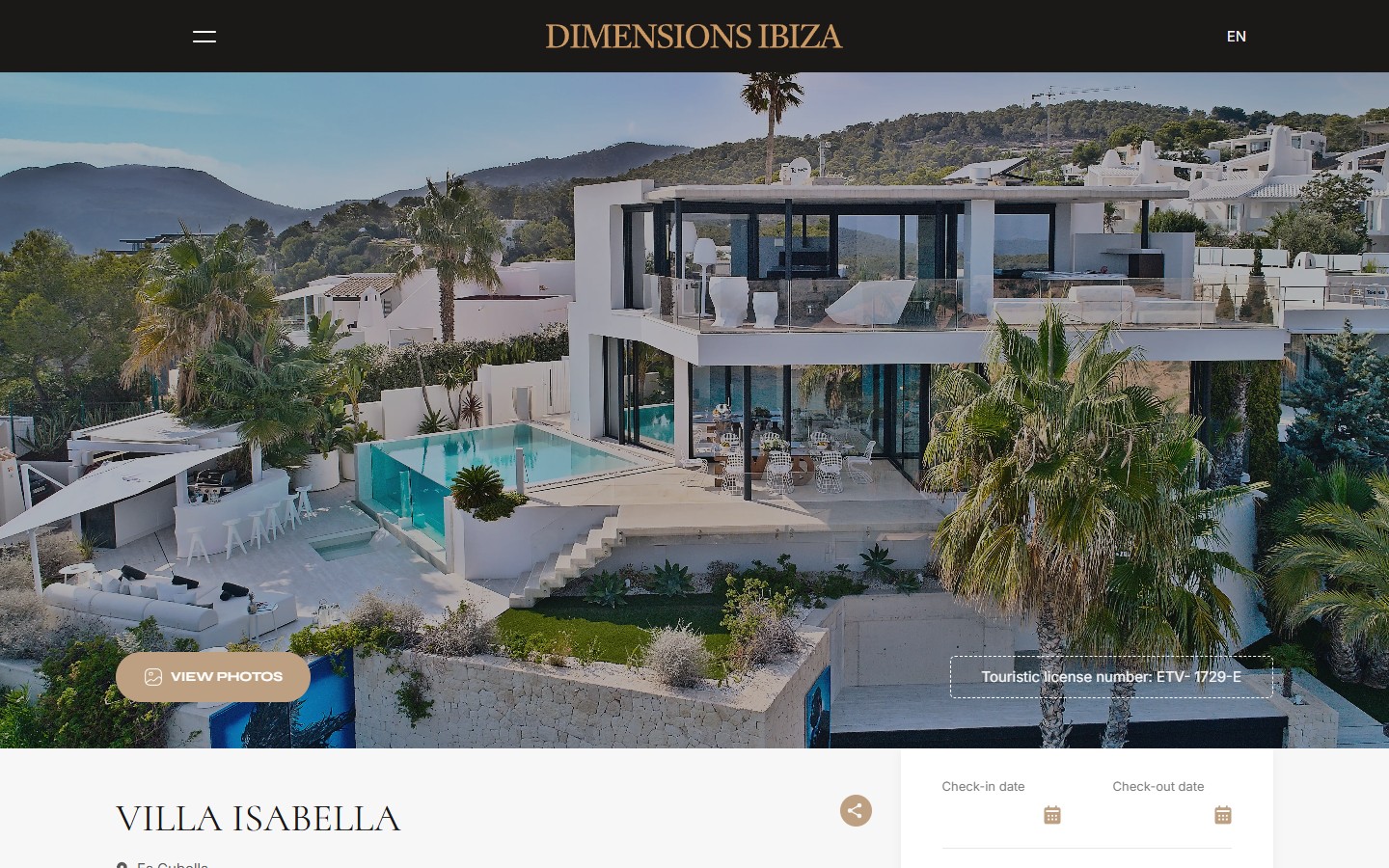 Сторінка вілли Villa Isabella — hero з дрон-кадром, кнопкою VIEW PHOTOS і бейджем туристичної ліцензії ETV-1729-E