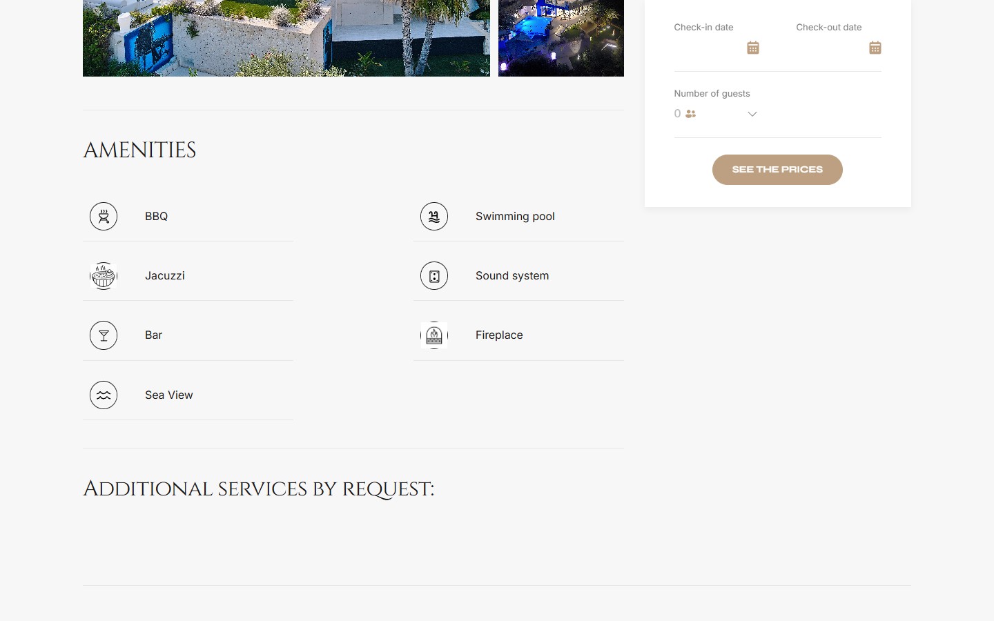 Amenities-блок вілли — іконки BBQ/Swimming pool/Jacuzzi/Sound system/Bar/Fireplace/Sea View — та sticky booking-віджет з See the prices CTA