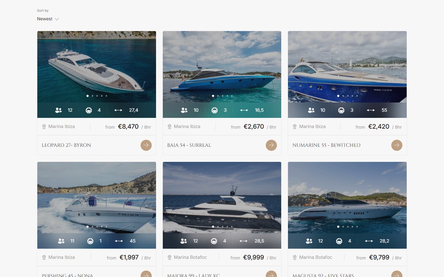 Сітка 6 yacht-карток — Leopard 27 Byron €8,470/8hr, Baia 54 Surreal €2,670/8hr, Numarine 55 Bewitched €2,420/8hr, Pershing 45 Nona €1,997/8hr, Maiora 99 Lady KC €9,999/8hr, Magusta 92 Five Stars €9,799/8hr — з маринами Ibiza/Botafoc/Santa Eulalia
