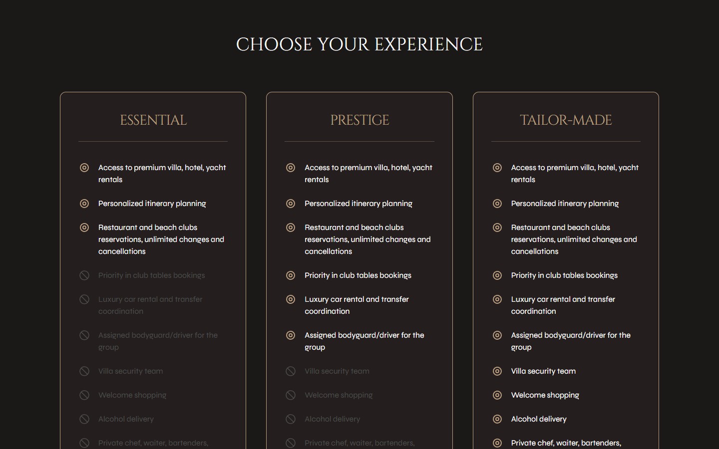 Секція Choose your experience — 3 колонки Essential/Prestige/Tailor-made, кожна з 12 послугами (доступні підсвічені, недоступні — затемнені); внизу примітка «sample packages, each experience will be tailormade»