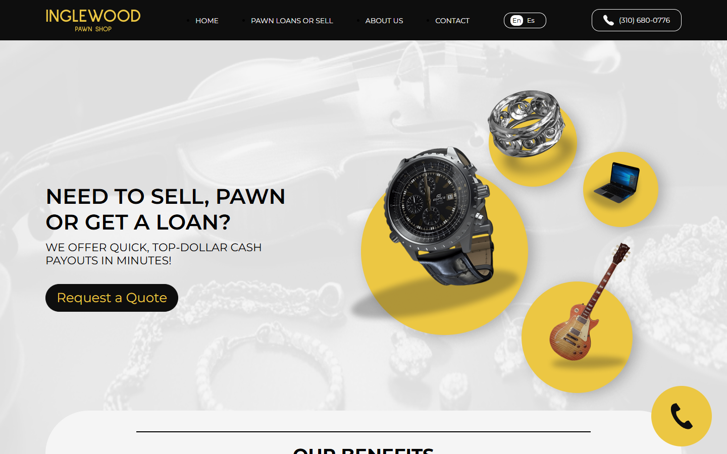 Inglewood Pawn Shop — lead-gen лендинг ломбарду з фото-quote через CF7 + EN/ES