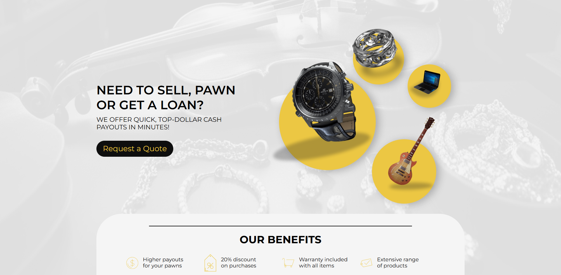 Hero Inglewood Pawn Shop — split-layout з H1 «Need to sell, pawn or get a loan?», CTA «Request a Quote» зліва і композицією з 4 жовтих кружків (watch/ring/laptop/guitar) справа на тлі скрипки і перлів