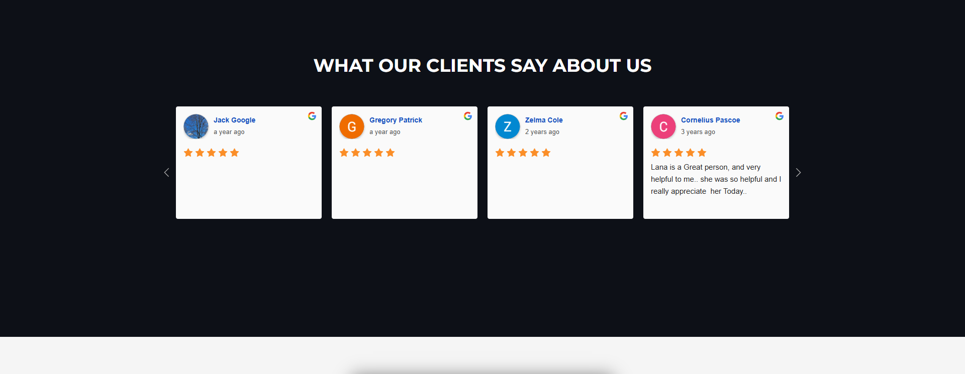 Слайдер «What our clients say about us» — 4 видимі картки з аватарами Google-користувачів, іменами-лінками, 5-зірковими рейтингами, мітками часу «a year ago» / «2 years ago» / «3 years ago» і стрілками навігації по боках