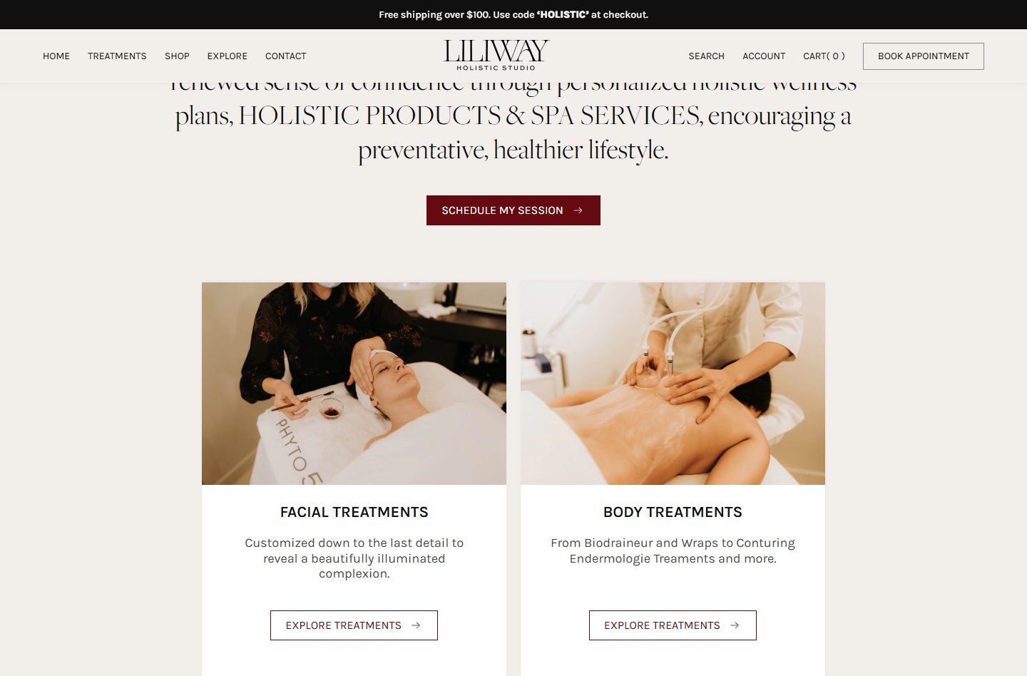 Liliway treatments split на home — дві картки Facial Treatments і Body Treatments з фото-превʼю сесій і outline-CTA «Explore Treatments» на anchor-якорі /services/#facials та /services/#body-treatments