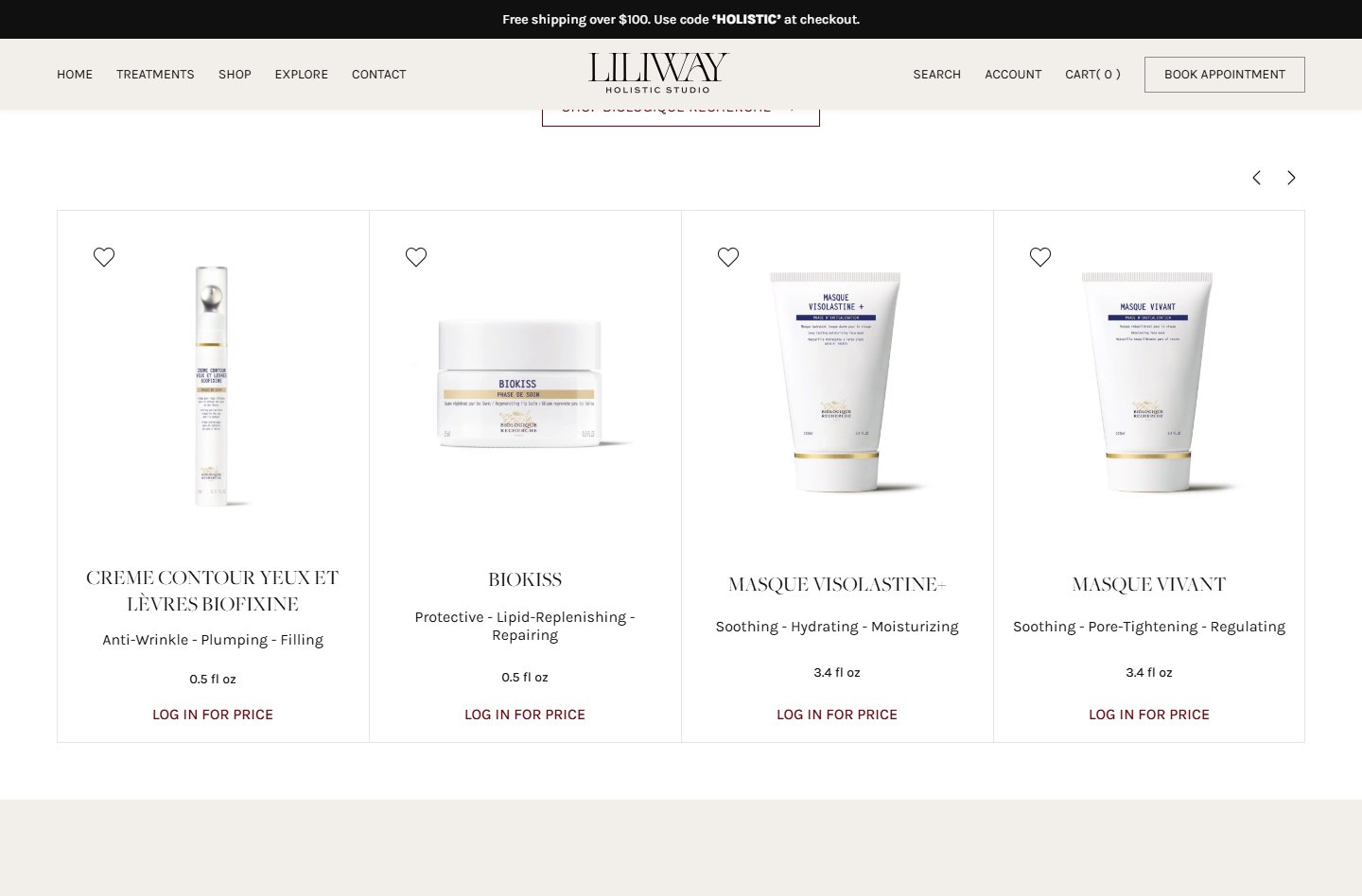 Liliway Exclusive Products — Biologique Recherche carousel з 4 видимими позиціями (CREME CONTOUR YEUX BIOFIXINE, BIOKISS, MASQUE VISOLASTINE+, MASQUE VIVANT), кожна картка має heart-wishlist згори і CTA «Log in for price» замість прайс-теґу