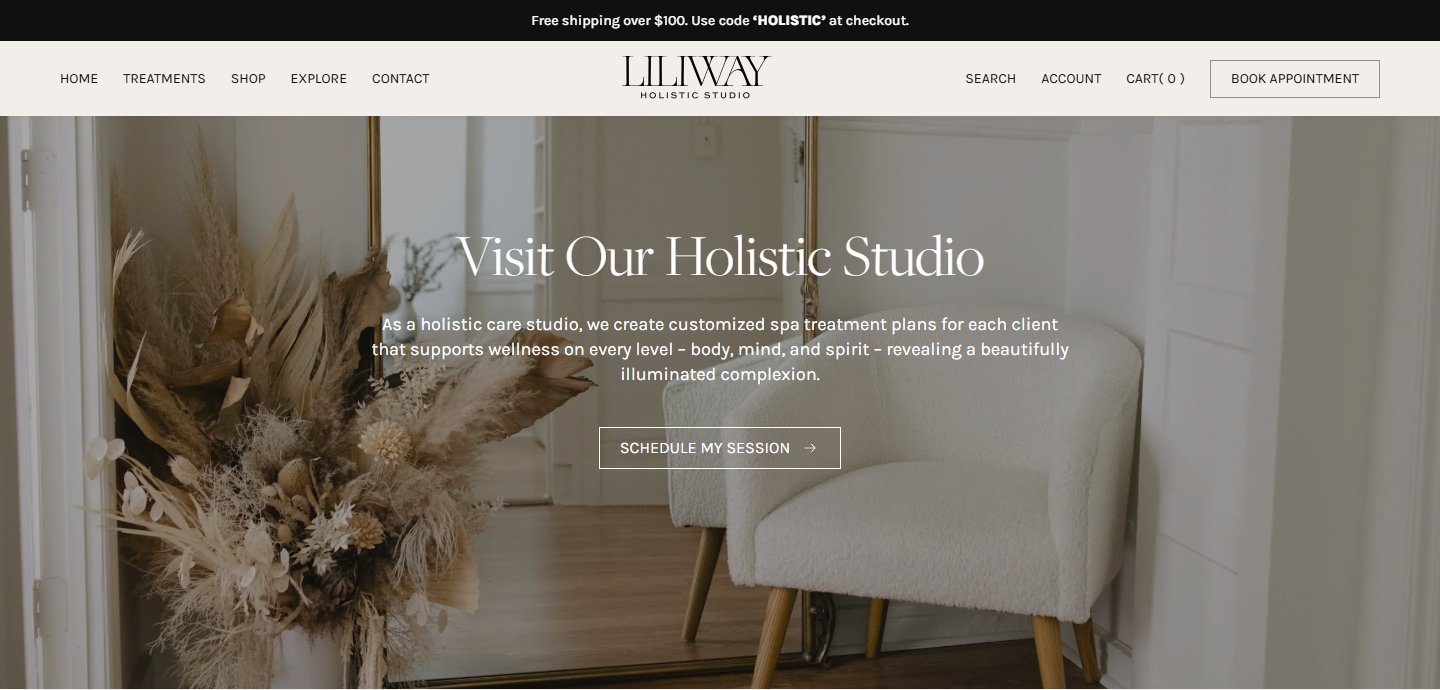 Liliway Visit Our Holistic Studio — повноекранне фото інтерʼєру студії з сухими квітами і boucle-кріслом, по центру білий серіф «Visit Our Holistic Studio», body-копія про holistic care studio і CTA «Schedule My Session»