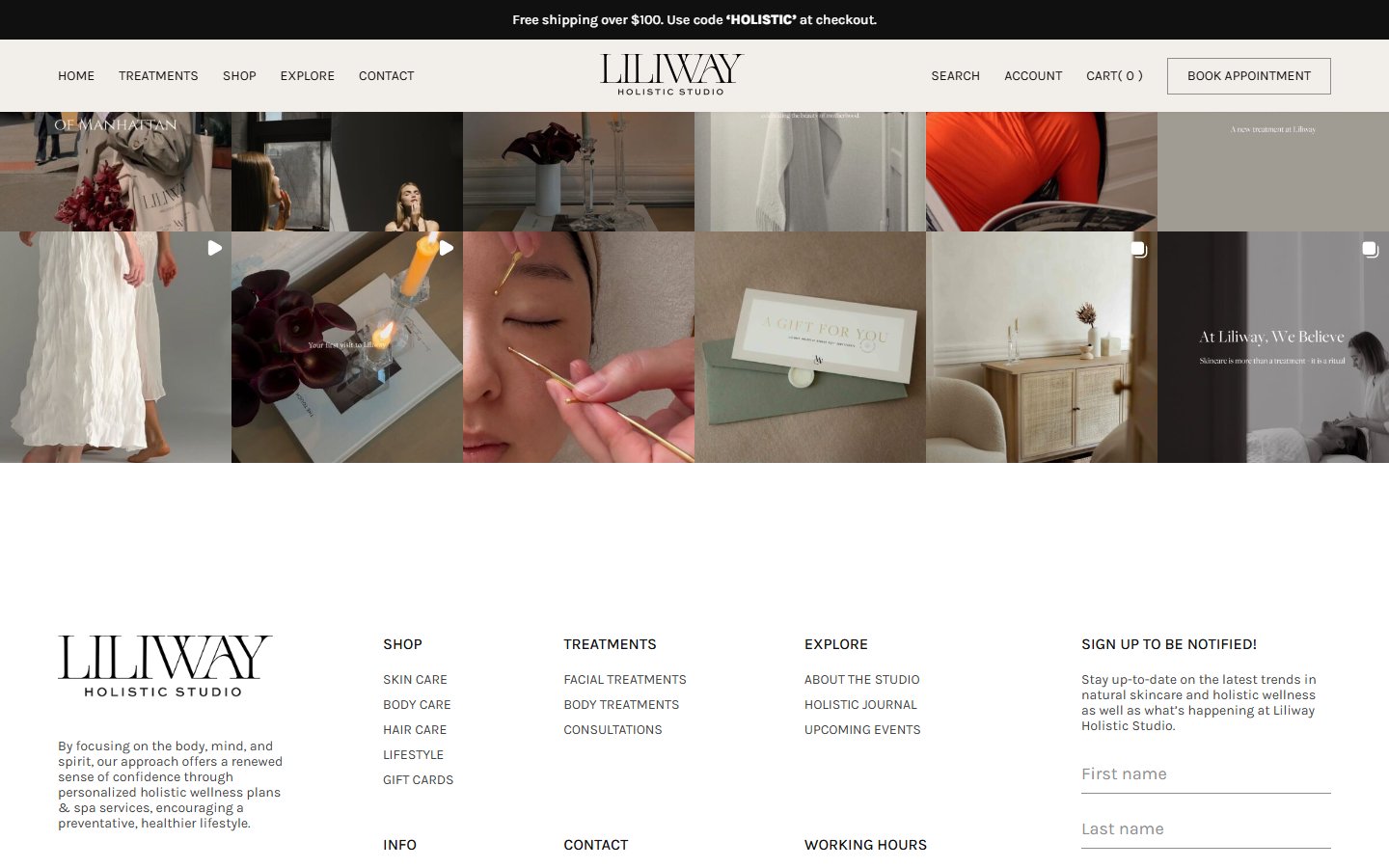 Liliway Instagram grid @liliwaystudio — два рядки тайлів з фото/каруселями/відео + footer 5-колонкова навігація (Shop / Treatments / Explore / Info / Contact) і newsletter-форма Sign Up to be Notified