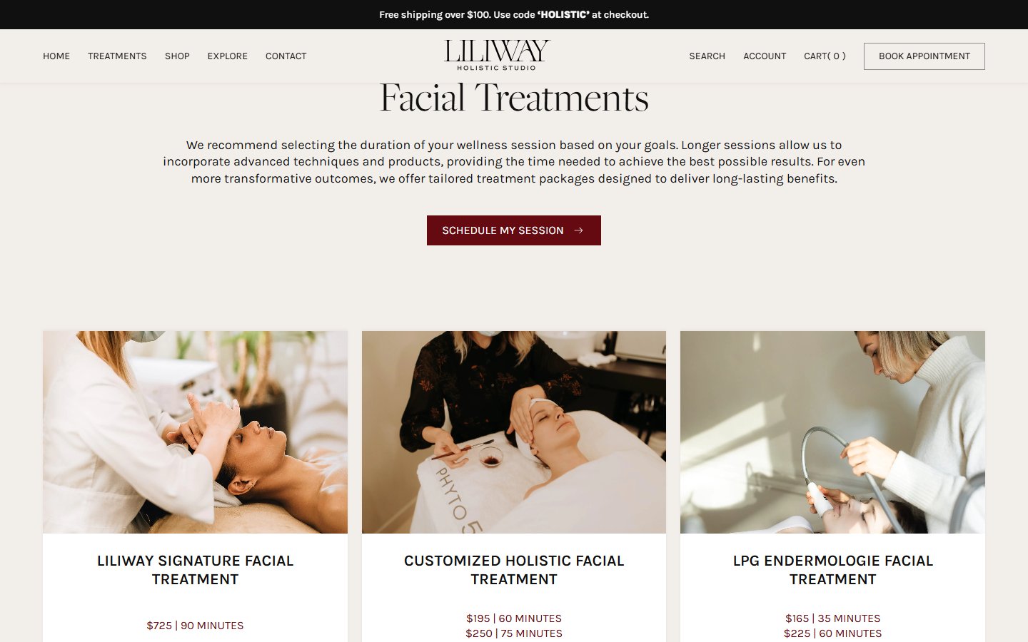 Liliway services page Facial Treatments — три картки Signature $725 / 90 хв, Customized Holistic $195-$250 / 60-75 хв, LPG Endermologie $165-$225 / 35-60 хв з фото-превʼю і CTA «learn more»