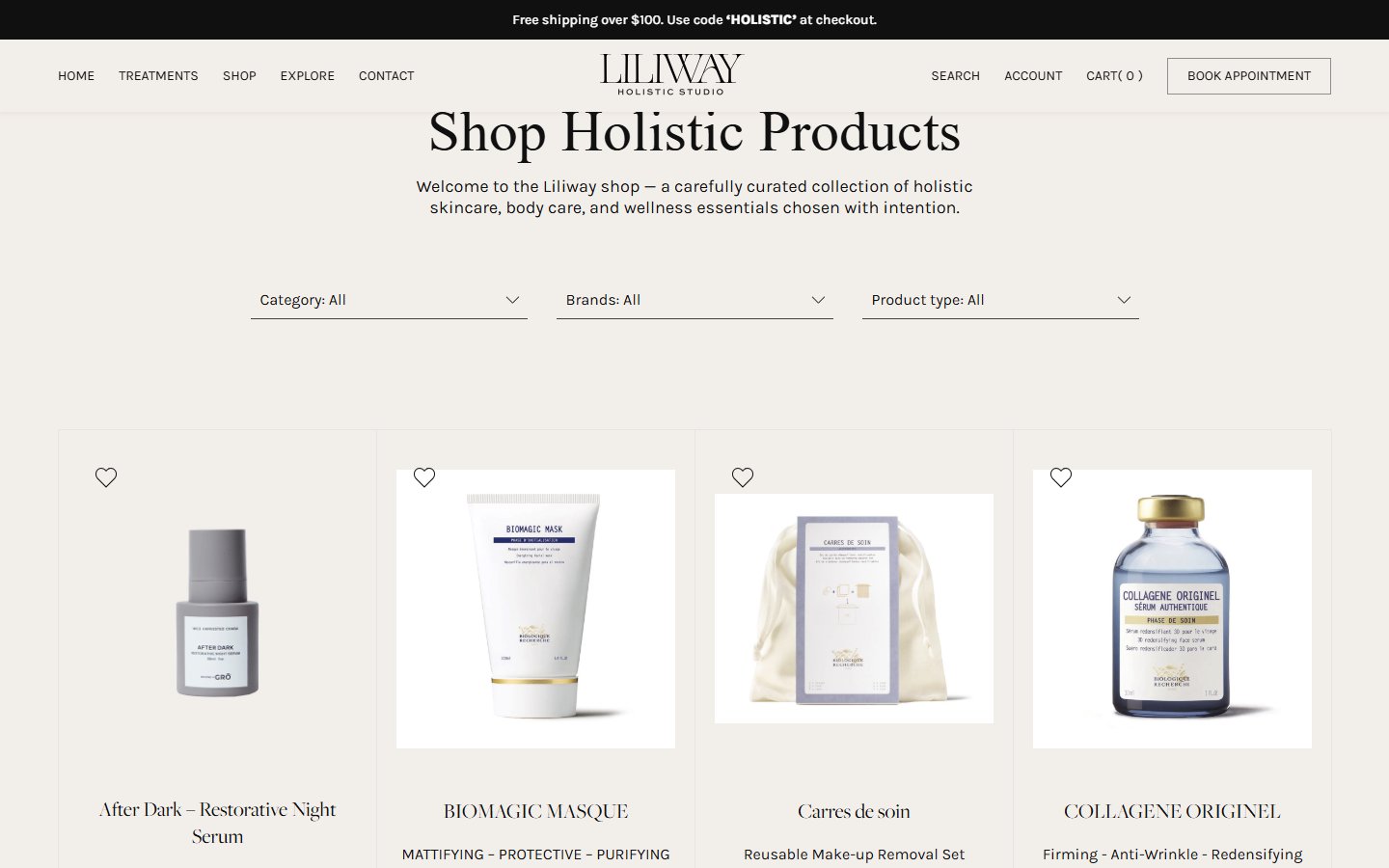 Liliway shop catalog /shop/ — заголовок Shop Holistic Products, intro-параграф, три фільтри (Category/Brands/Product type), 4-колоночний grid з After Dark, BIOMAGIC MASQUE, Carres de soin, COLLAGENE ORIGINEL