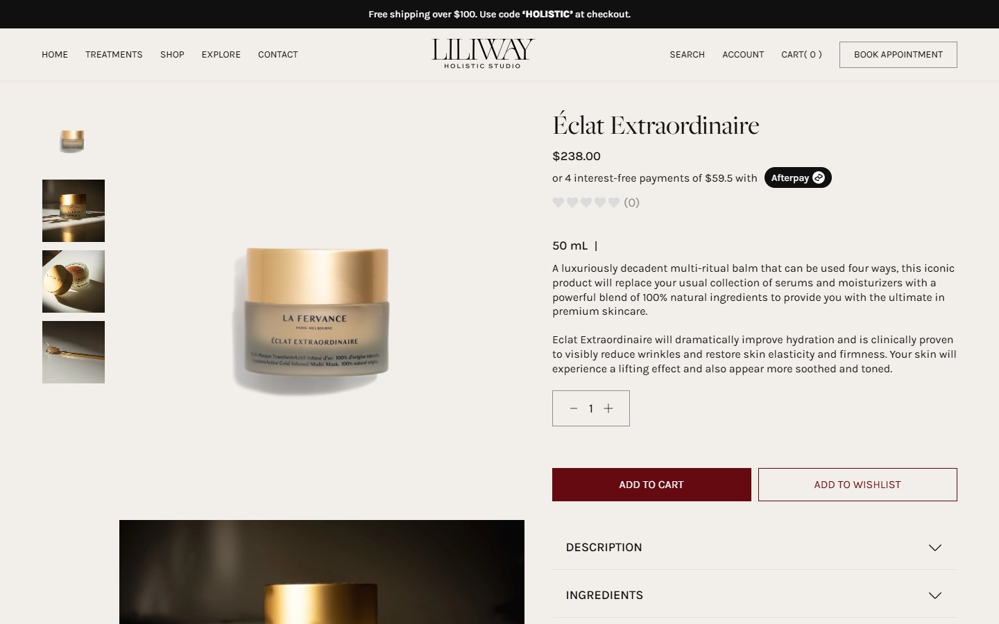 Liliway product detail Éclat Extraordinaire — 4-thumb vertical gallery ліворуч, велике фото jar центром, праворуч заголовок, $238 з Afterpay 4×$59.5, rating, 50 mL volume, description, qty selector, ADD TO CART + ADD TO WISHLIST, accordion Description+Ingredients