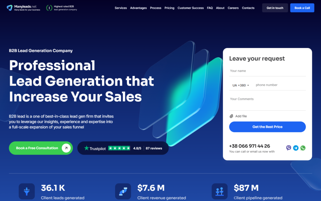 ManyLeads — B2B lead-gen агенція з hero-формою і подвійним соц-доказом