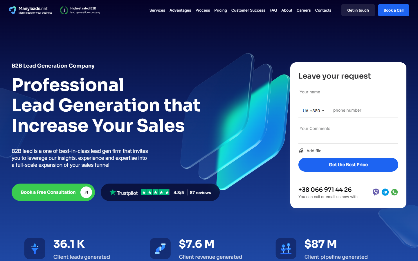 ManyLeads — B2B lead-gen агенція з hero-формою і подвійним соц-доказом