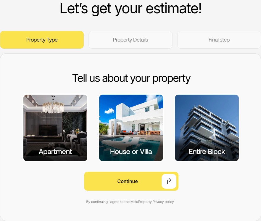 Multi-step calculator: Property Type → Property Details → Final step