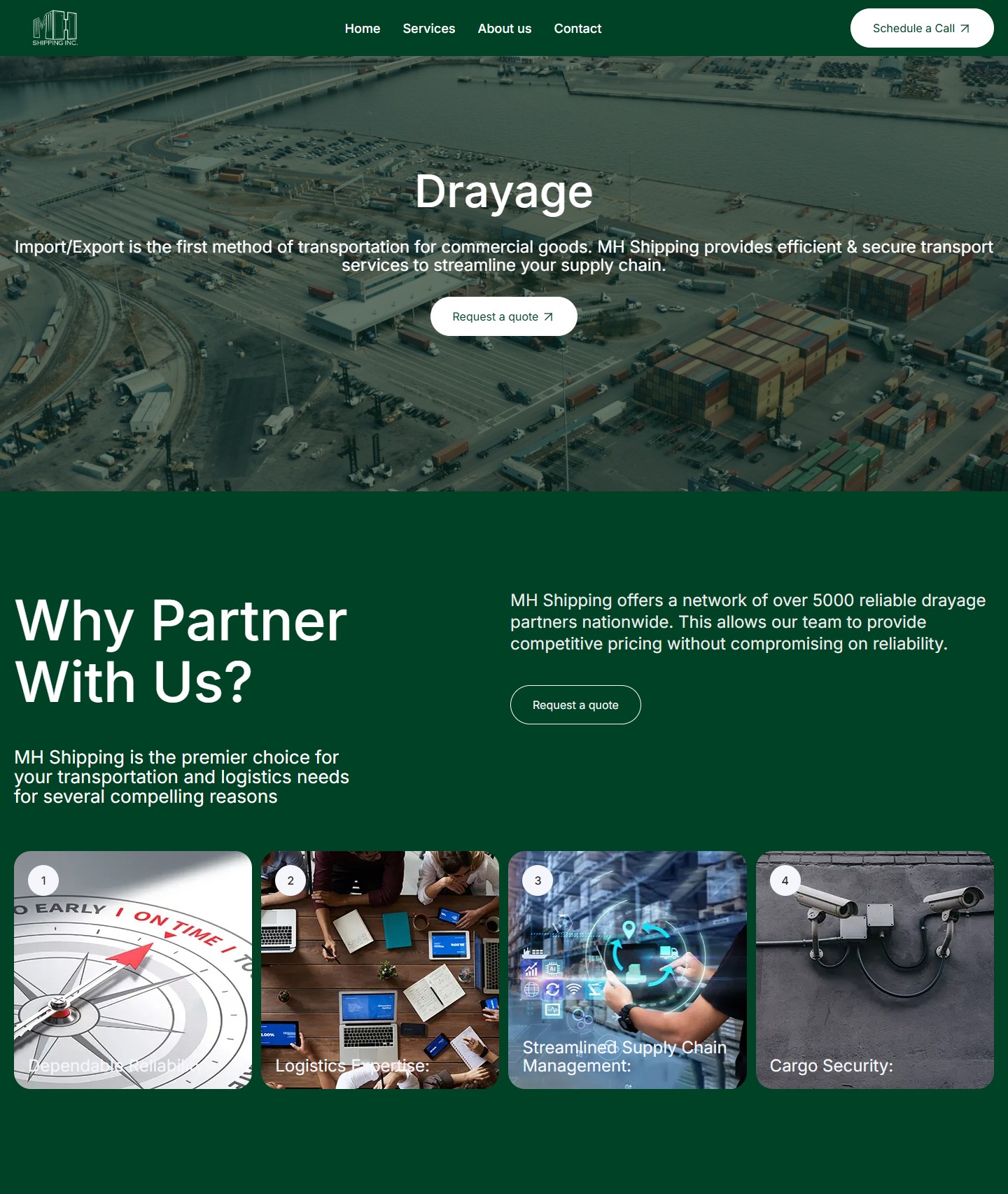 Сторінка сервісу Drayage — hero + Why Partner With Us з 4 нумерованими перевагами