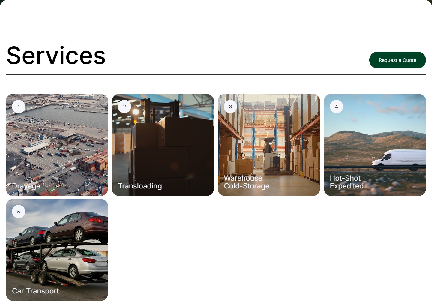 Сітка з 5 сервісів — Drayage, Transloading, Warehouse, Hot-Shot, Car Transport