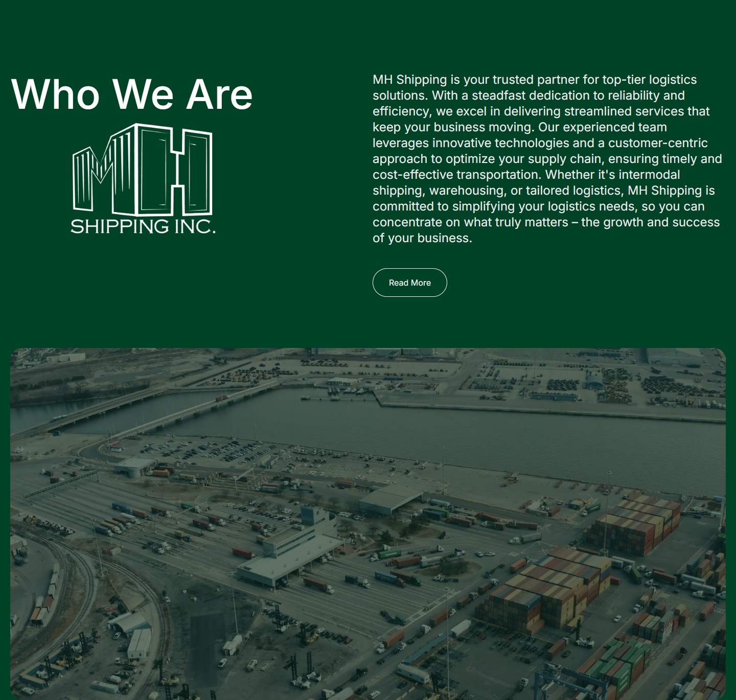 Секція «Who We Are» з великим брендовим логотипом і панорамою контейнерного двору