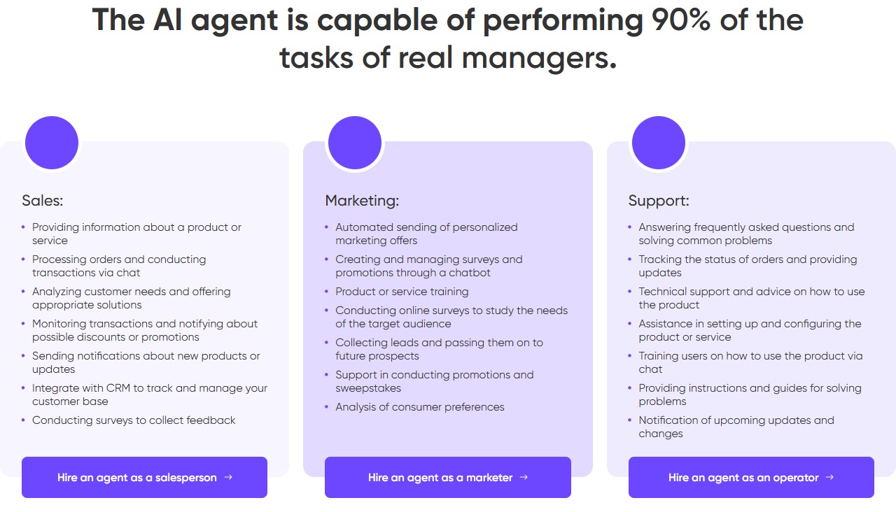 Sales / Marketing / Support — three AI agent roles with a list of competencies and three separate CTAs
